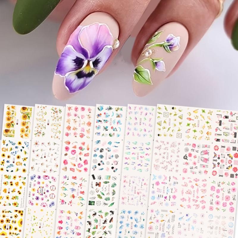 Watercolor Flowers Nail Art Stickers - Spring Summer Florals Leaves Decals