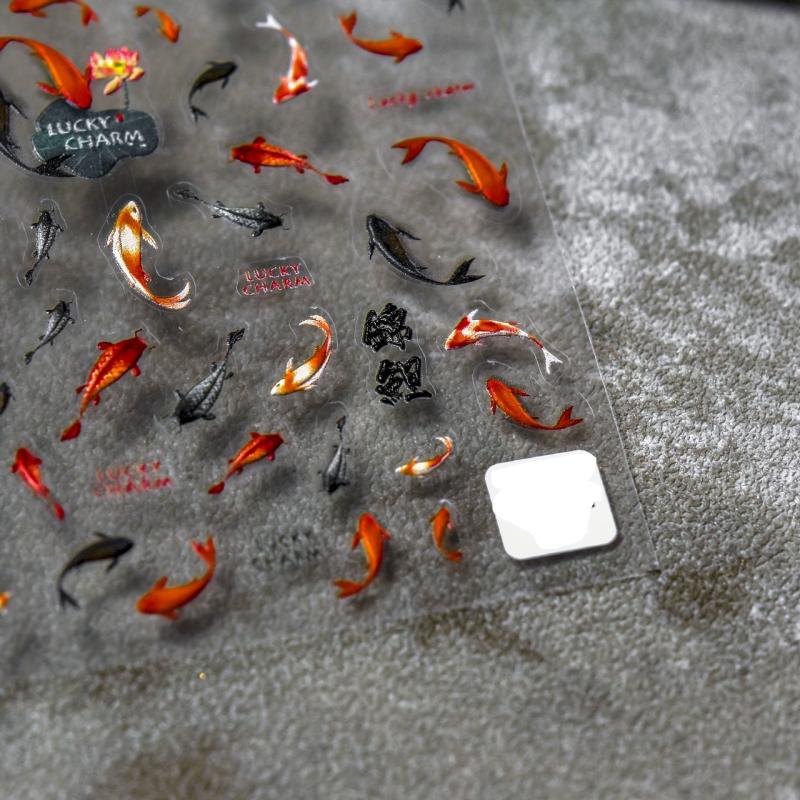 5D Red Koi Fish Goldfish Nail Stickers Decals Chinese Style Nail Art