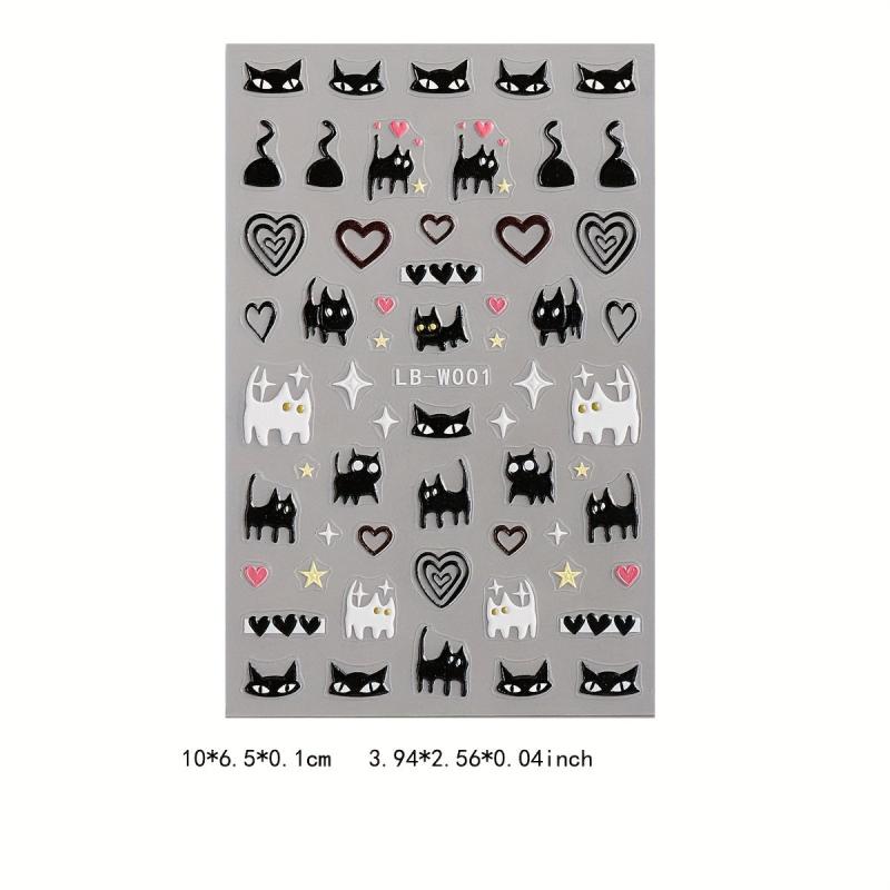 2 Sheets Cat Pattern Nail Art Stickers Self Adhesive Heart Star Nail Decals