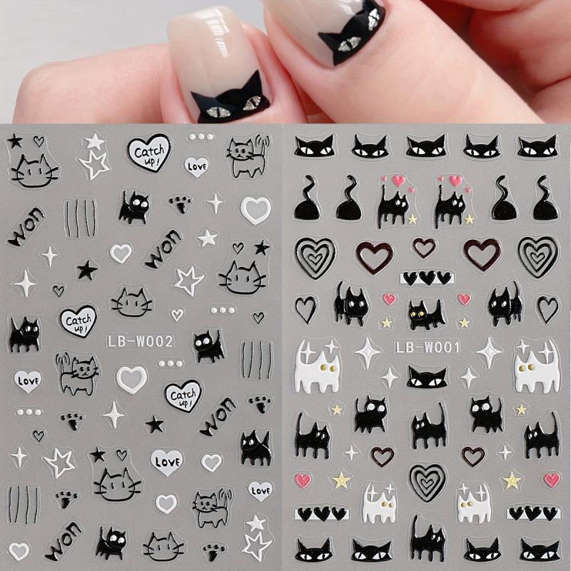 2 Sheets Cat Pattern Nail Art Stickers Self Adhesive Heart Star Nail Decals