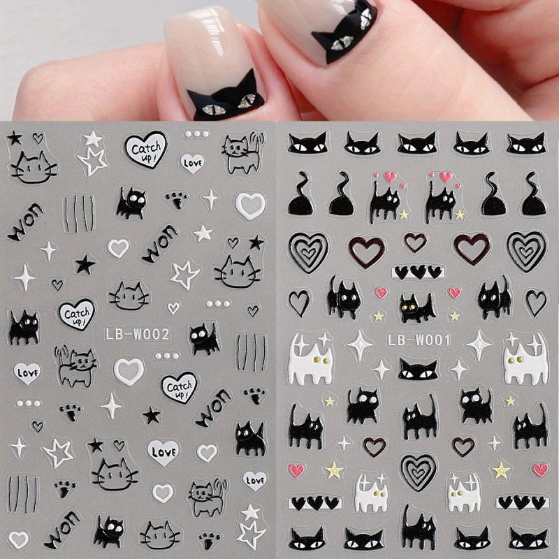 2 Sheets Cat Pattern Nail Art Stickers Self Adhesive Heart Star Nail Decals