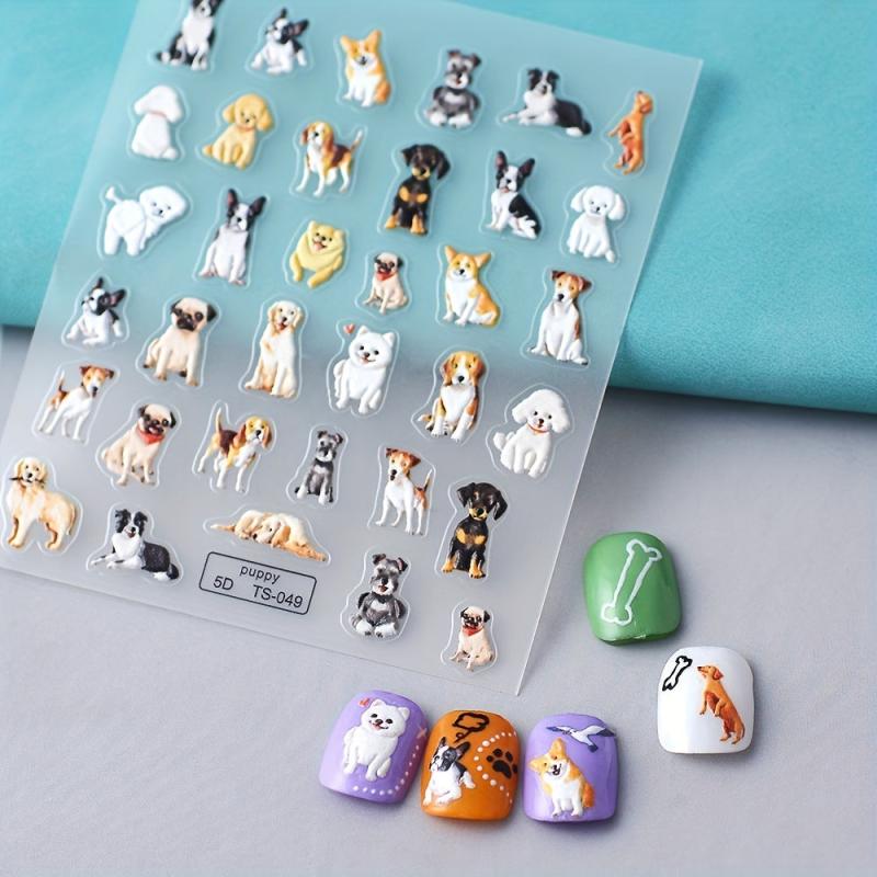 5D Cartoon Puppy Dog Nail Art Stickers Embossed Self Adhesive Decals