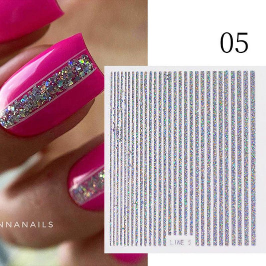 3D Lines Nail Stickers Holographic Silver Rose Metal Stripe Letters Decals
