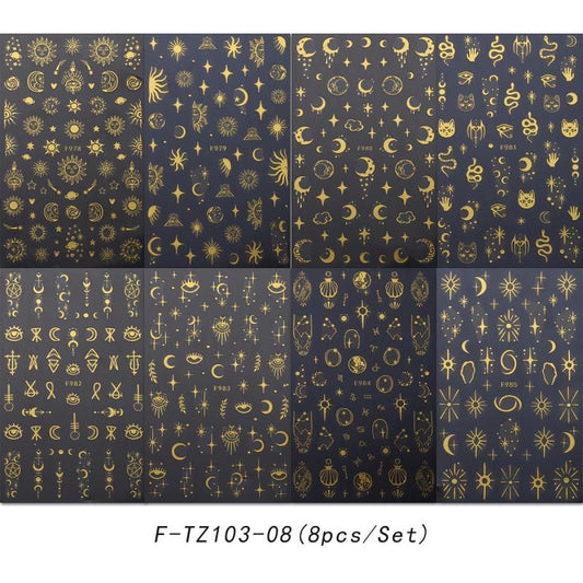 Golden Bronzing Nail Art Stickers Decals Sun Moon Stars Nail Art Decals