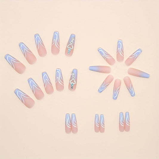 24 pcs Heart Rhinestone Press On Nails Long Square False Nails for Women