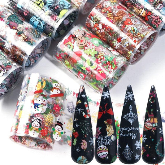 10 Sheets Christmas Nail Transfer Foil Set Snow Flower Elk Santa Adhesive Paper