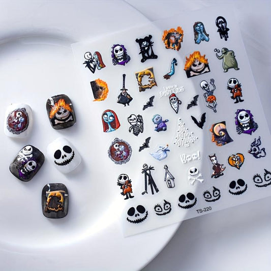 5D Embossed Halloween Nail Art Decals - Skull Skeleton Witch Bat Blood Drop