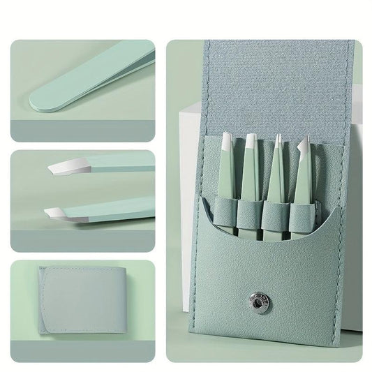 4pcs Stainless Steel Tweezers Set for Eyebrows Precision Facial Hair Removal