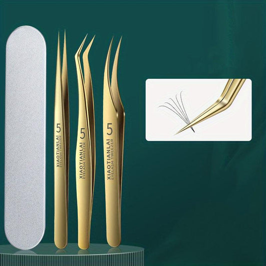 3pcs Eyelash Tweezers Set False Eyelashes Clips Golden Feather Clips