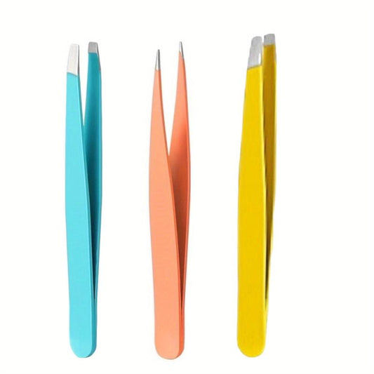 3Pc Stainless Steel Eyebrow Tweezers Set Multicolor