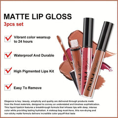 3pcs Matte Liquid Lipstick Set Dark Red Brown Smudge Proof Makeup