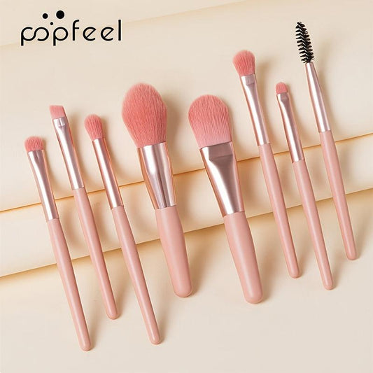 8pcs Portable Mini Makeup Brush Set for Travel Soft Hair Matte Wooden Handle