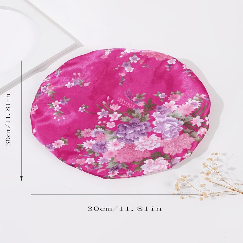 Floral Printed Satin Bonnet Wide Brimmed Sleep Cap Night Cap