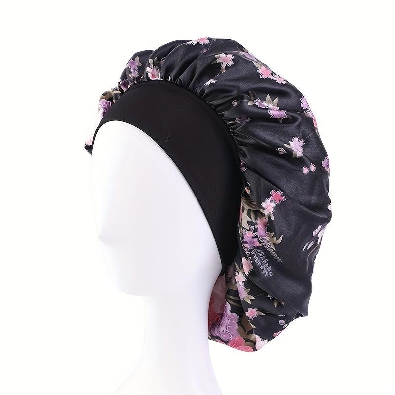 Floral Printed Satin Bonnet Wide Brimmed Sleep Cap Night Cap
