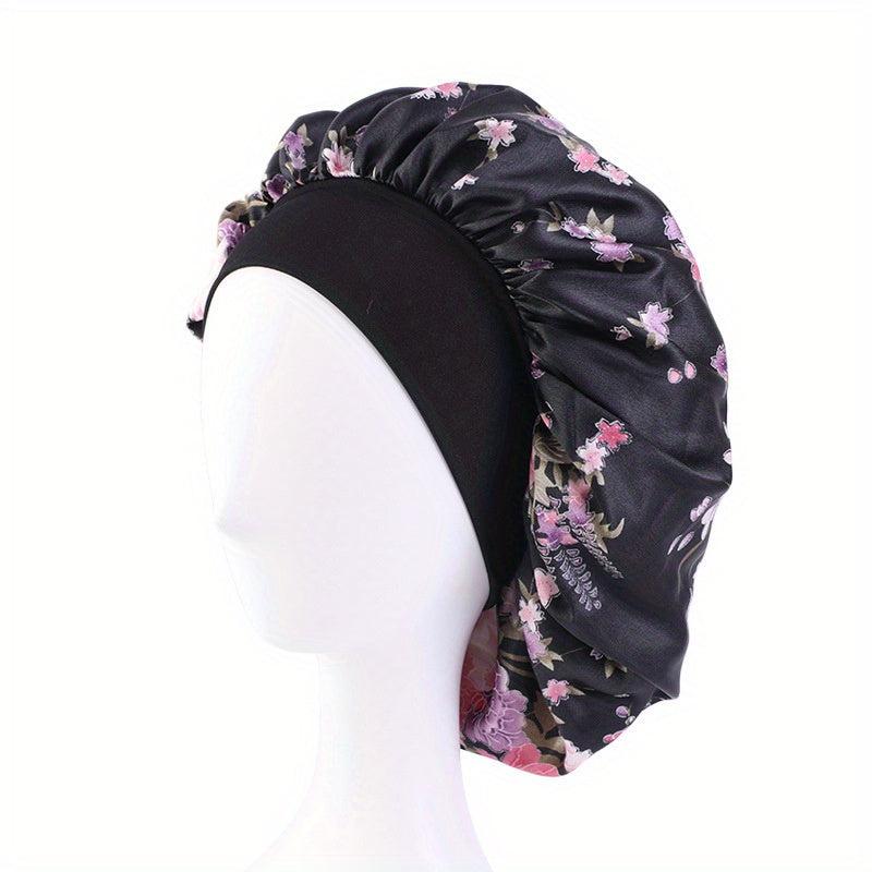 Floral Printed Satin Bonnet Wide Brimmed Sleep Cap Night Cap