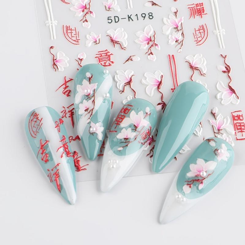 5D Embossed Pink Peach Blossom Nail Art Stickers for Manicure