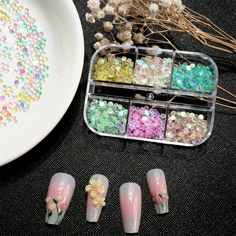 6 Grids Aurora Mermaid Beads Nail Charms Crystal Gems Rhinestones DIY