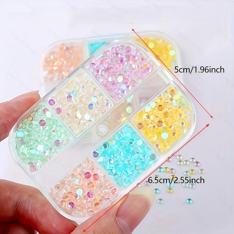 6 Grids Aurora Mermaid Beads Nail Charms Crystal Gems Rhinestones DIY