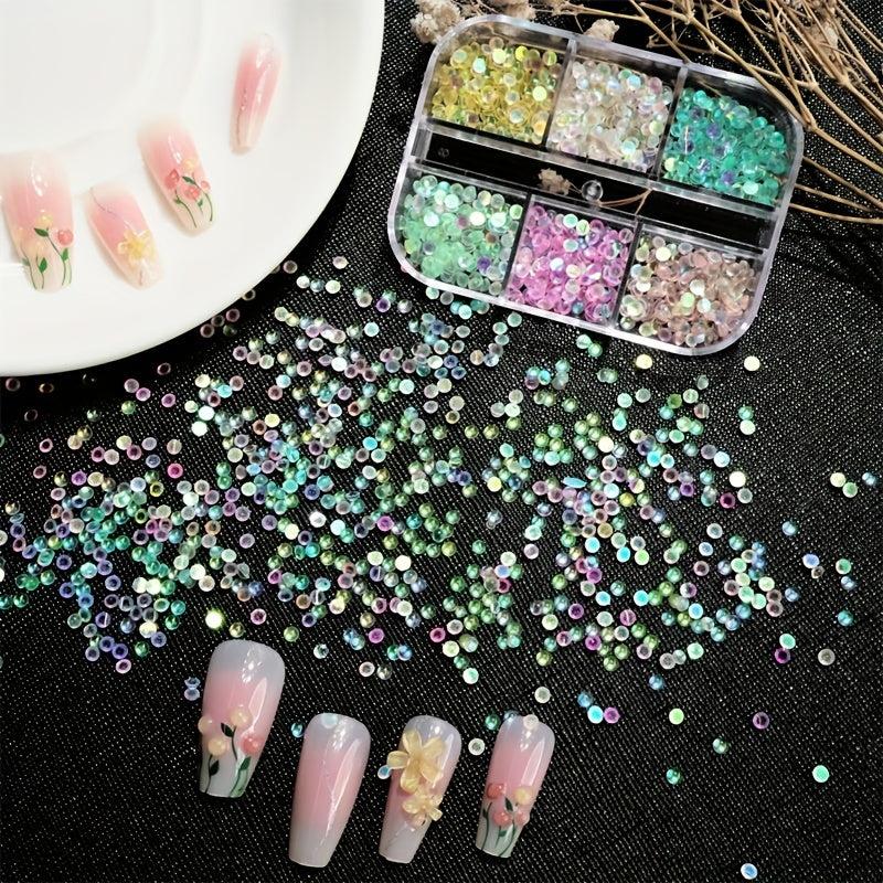 6 Grids Aurora Mermaid Beads Nail Charms Crystal Gems Rhinestones DIY