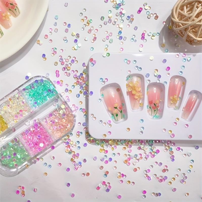 6 Grids Aurora Mermaid Beads Nail Charms Crystal Gems Rhinestones DIY