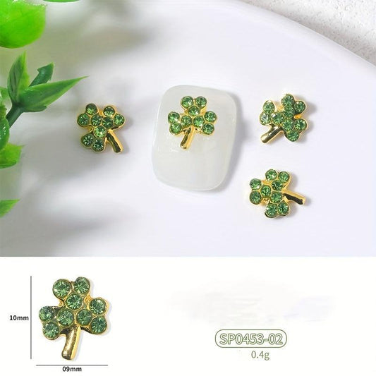 6 pcs Glitter Green Four Leaf Clover Nail Charms for St Patrick's Nail Art