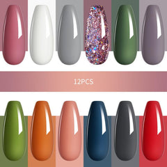 12 Colors Nude & Red Glitter Gel Nail Polish Starter Kit No Wipe Soak Off