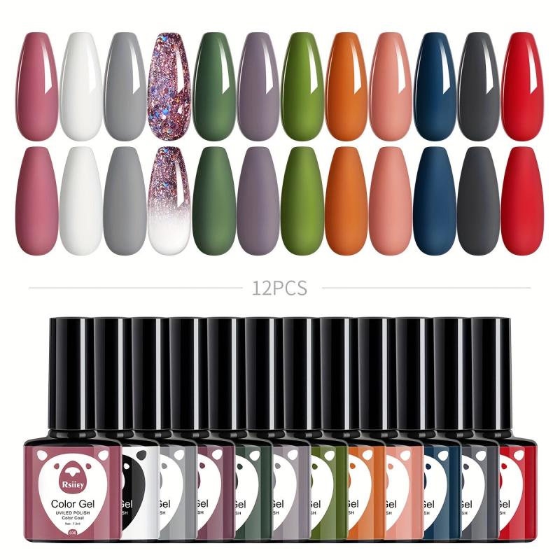 12 Colors Nude & Red Glitter Gel Nail Polish Starter Kit No Wipe Soak Off
