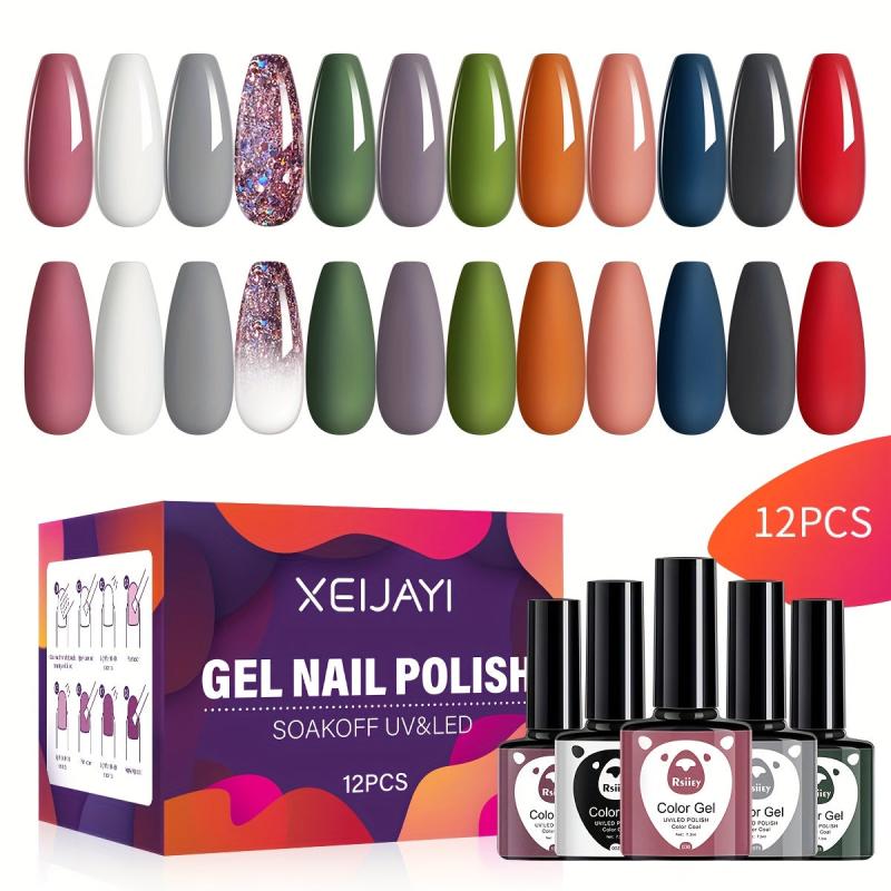 12 Colors Nude & Red Glitter Gel Nail Polish Starter Kit No Wipe Soak Off