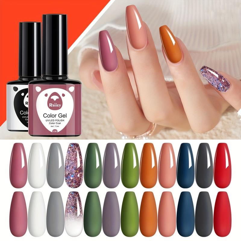12 Colors Nude & Red Glitter Gel Nail Polish Starter Kit No Wipe Soak Off