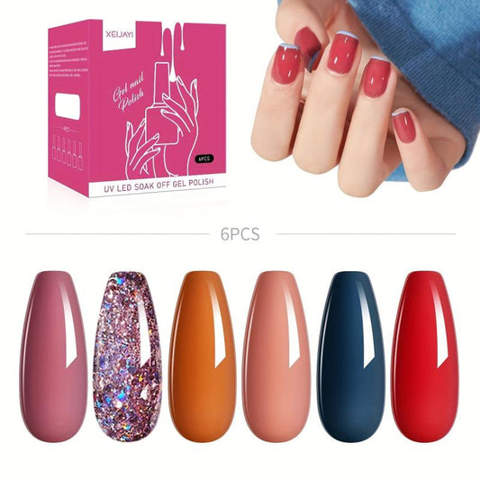 Gel Nail Polish Kit Red Brown Pink Glitter Varnish Set
