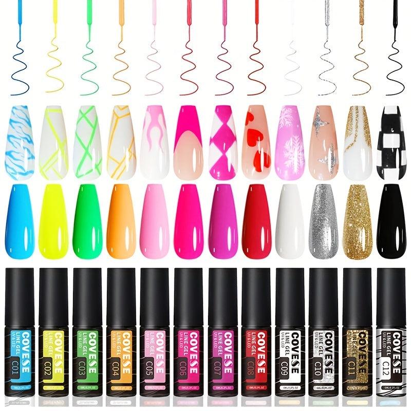 Gel Polish Nail Liner Art 12 Colors Soak Off Thin Brush Nail Art Paint Lines