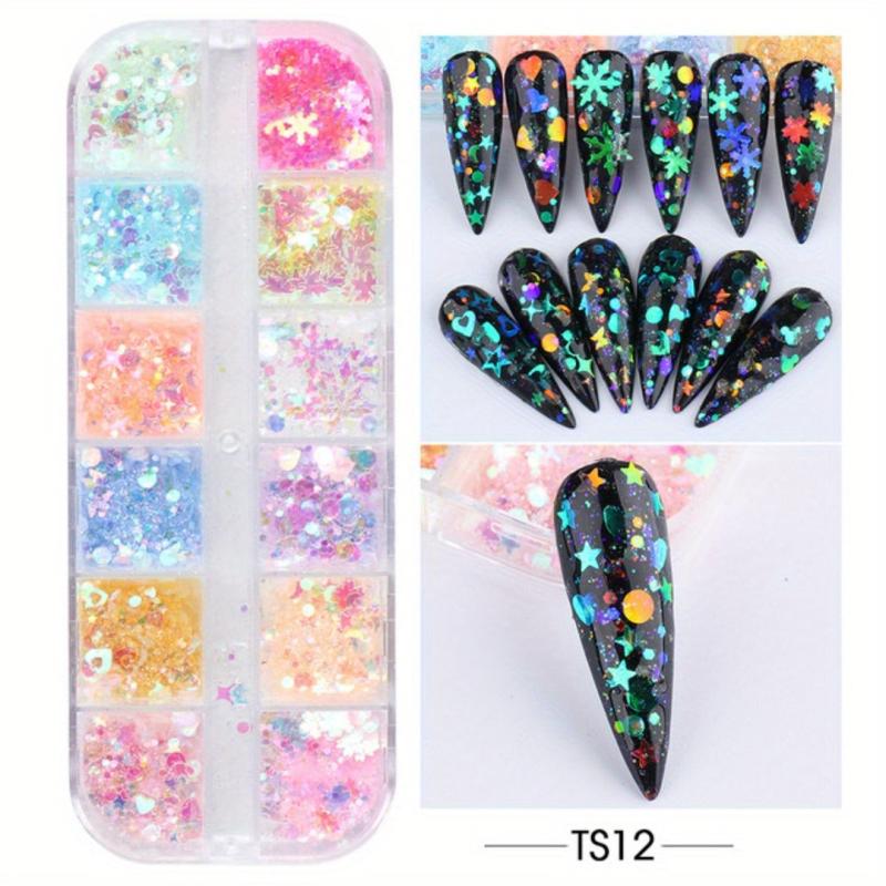 12 Colors 3D Nail Art Flakes Holographic Nail Glitter Sequins Mixed Shape