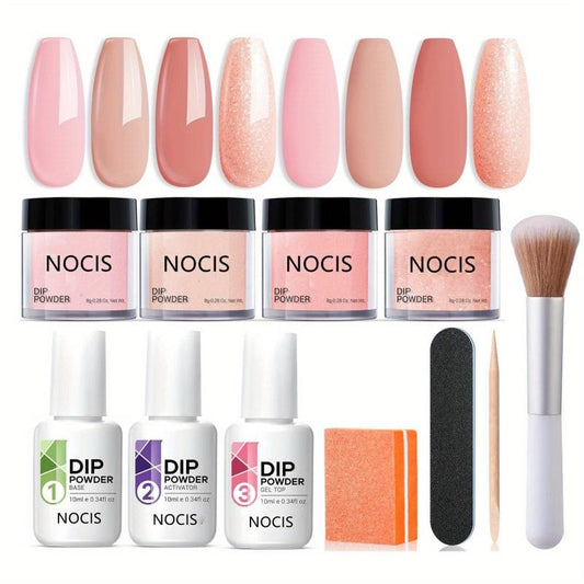 Nude Pink Glitter Dip Powder Nail Kit for Beginners with Base Coat and Activator