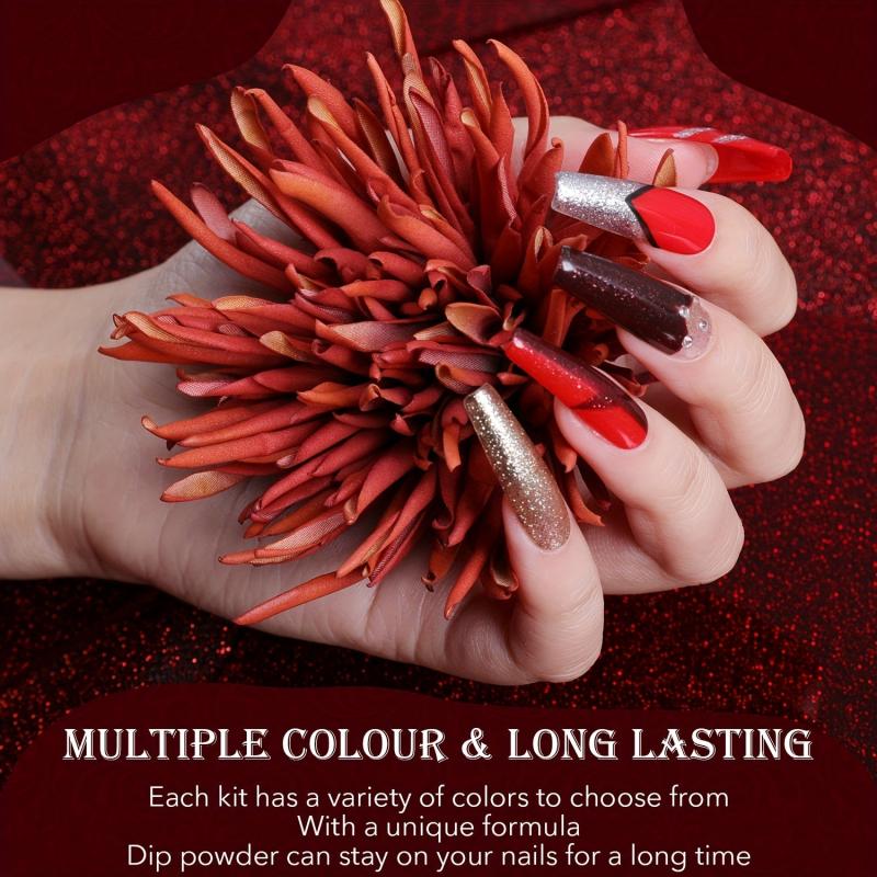 Aokitec 16Pcs Red Glitter Dip Powder Nail Kit DIY Salon Dip System