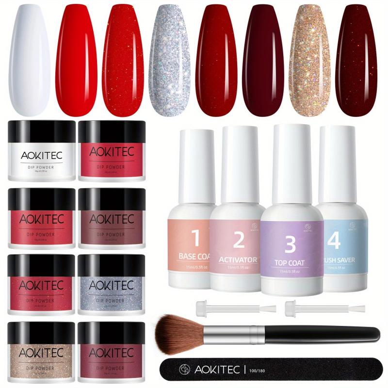 Aokitec 16Pcs Red Glitter Dip Powder Nail Kit DIY Salon Dip System
