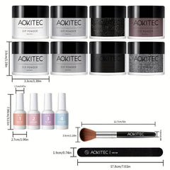 14Pcs Gray Dip Powder Nail Kit Starter Set with 8 Colors Collection
