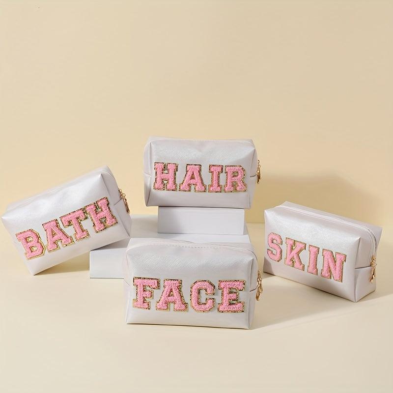 Preppy Letter Patch Makeup Bag Cosmetic Toiletry Bag Zipper Pouch