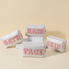 Preppy Letter Patch Makeup Bag Cosmetic Toiletry Bag Zipper Pouch