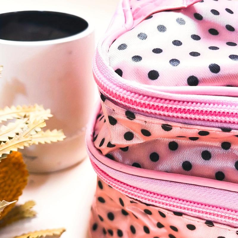 Double Layer Makeup Case Travel Toiletry Pouch Bag Pink Polka Dot