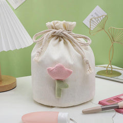Corduroy Drawstring Makeup Bag with Tulip Beige Pink