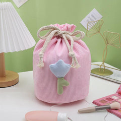Corduroy Drawstring Makeup Bag with Tulip Beige Pink
