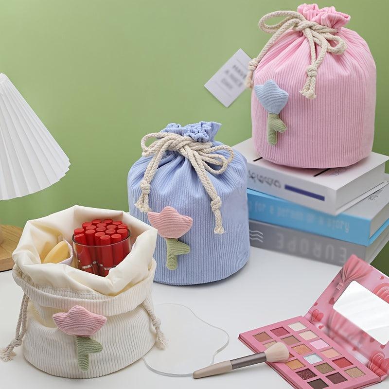 Corduroy Drawstring Makeup Bag with Tulip Beige Pink