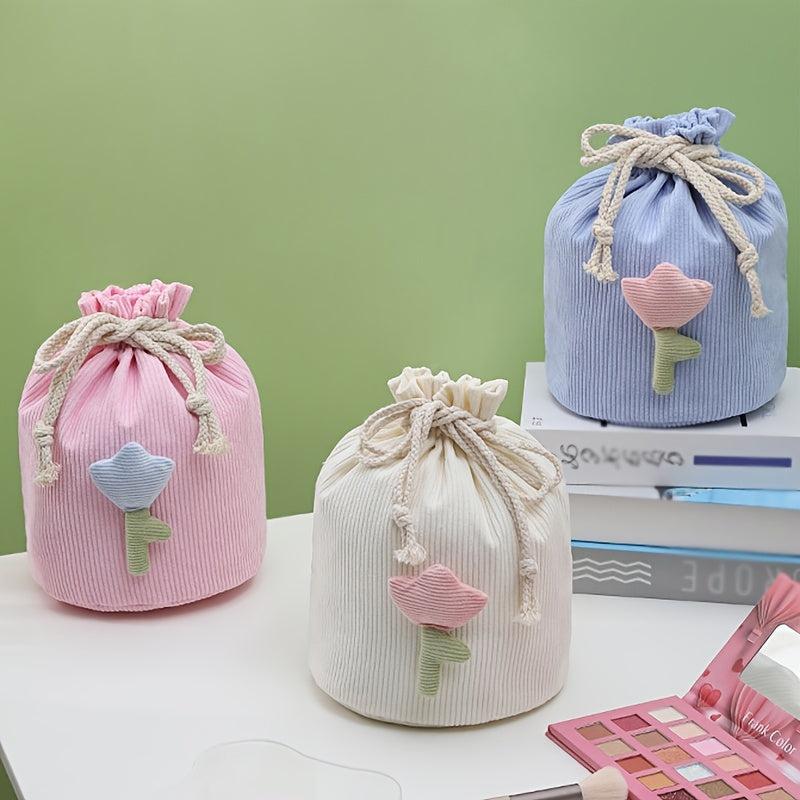 Corduroy Drawstring Makeup Bag with Tulip Beige Pink