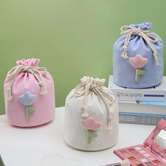 Corduroy Drawstring Makeup Bag with Tulip Beige Pink