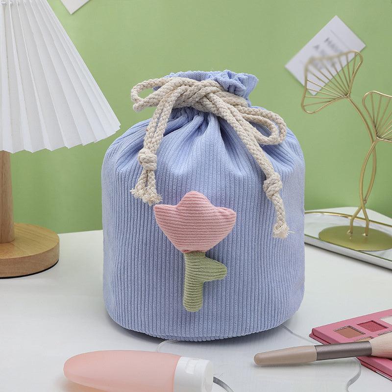 Corduroy Drawstring Makeup Bag with Tulip Beige Pink