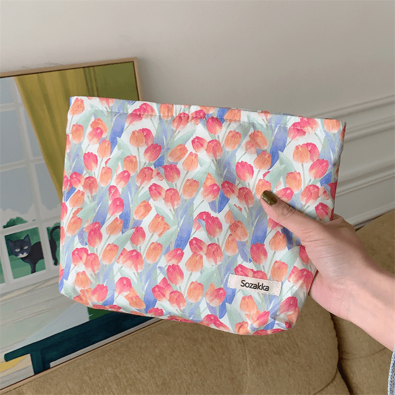Floral Pattern Makeup Bag Travel Pouch Zipper Cotton Organizer Bag