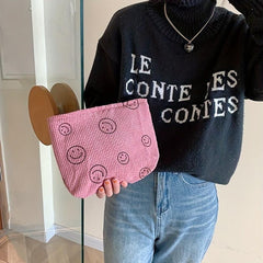 Corduroy Smile Face Cosmetic Bag Large Capacity Travel Toiletry Pouch