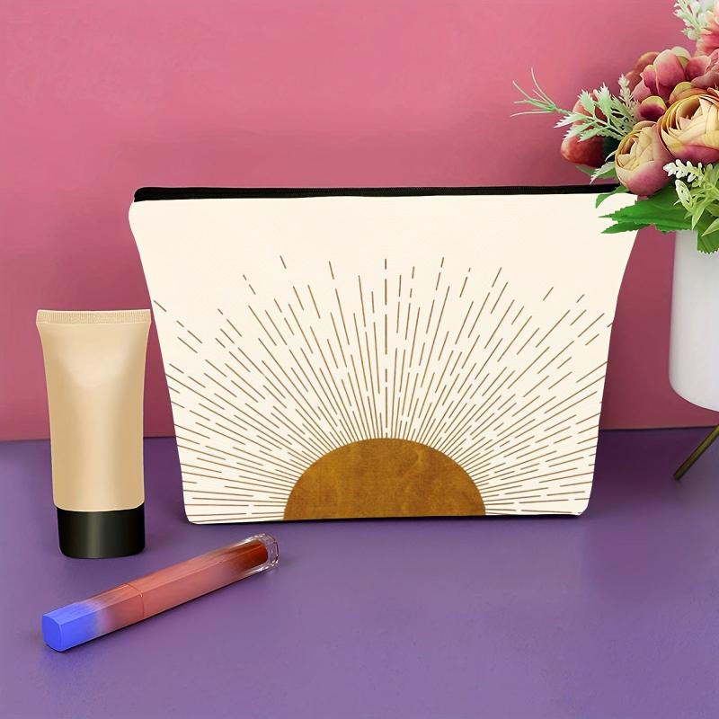 Sunshine Ray Makeup Bag Natural Linen Zipper Pouch Mid Century Boho Decor