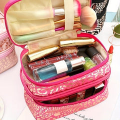 Leopard Print Double Layer Makeup Bag Waterproof Large Capacity Storage Bag
