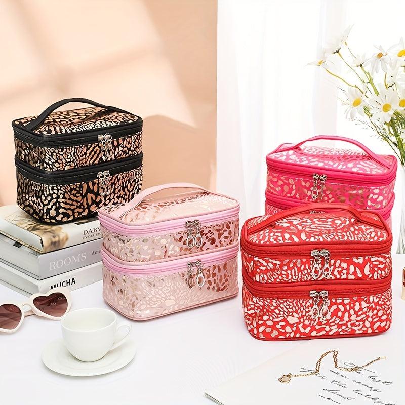 Leopard Print Double Layer Makeup Bag Waterproof Large Capacity Storage Bag